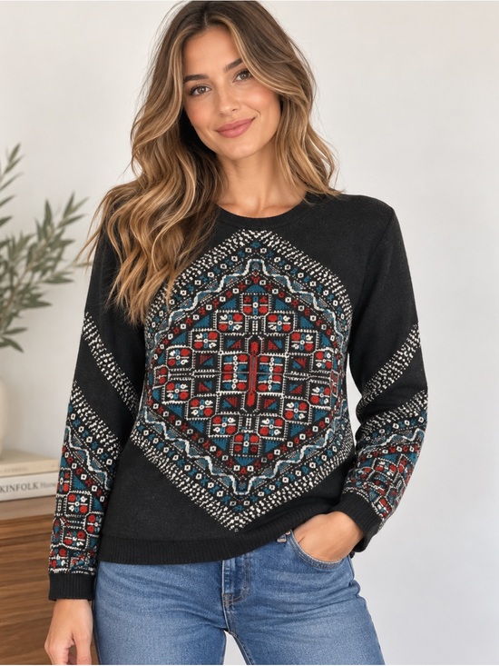 J. Crew Sweaters - J.Crew 100% Merino Wool Fair Isle Nordic Sweater Black Red Ivory M geometric